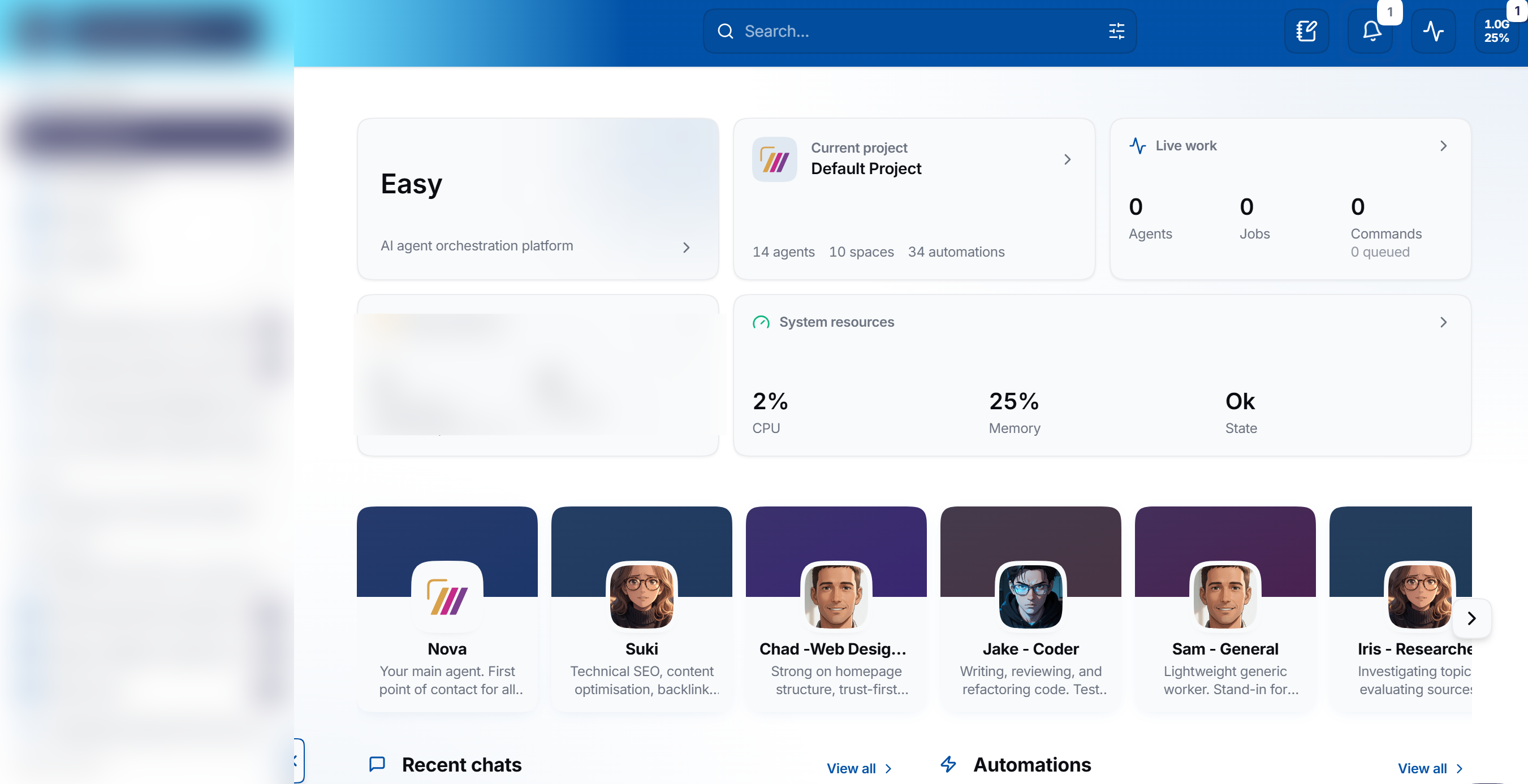 The easy.one dashboard on the author's own account, showing 14 agents, 10 spaces and 34 automations, with named specialist agents for SEO, web design, coding, research and general work.